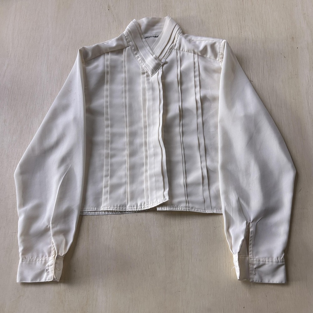 Vintage Blouse Womens Medium White V Neck Long Sleeve Cropped Satin Pleated Top - Picture 1 of 8